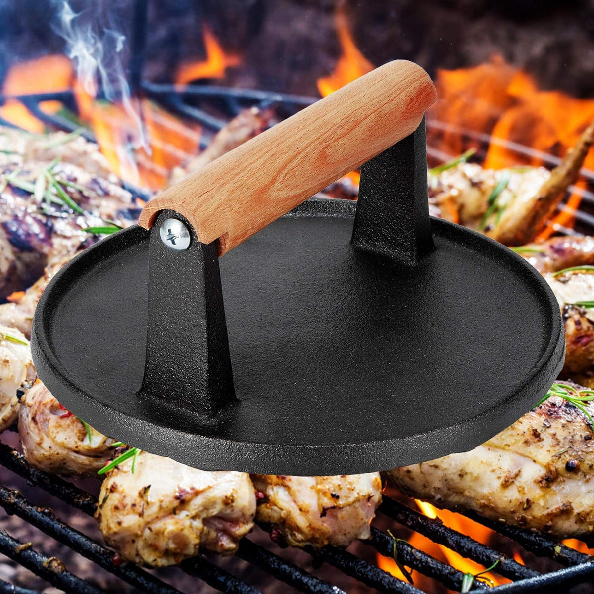 7" Heavy Duty Burger Press W/ Solid Wood Handle for Meat Smasher