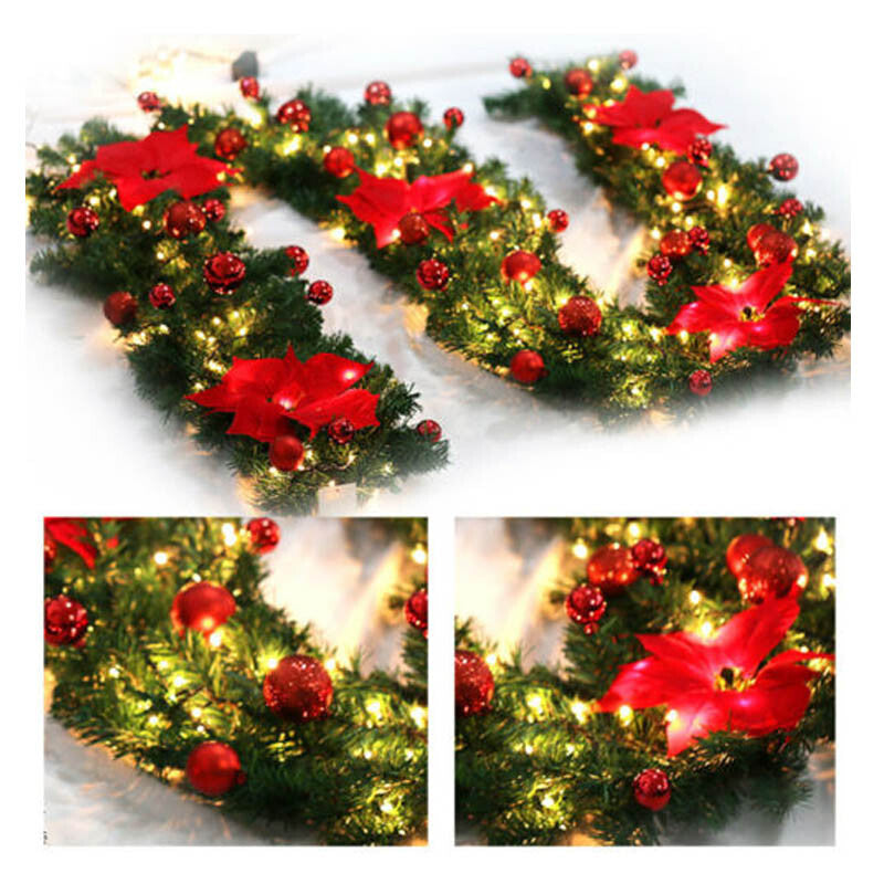 RED 9FT Xmas Christmas Garland Artificial Wreath with LED Lights
