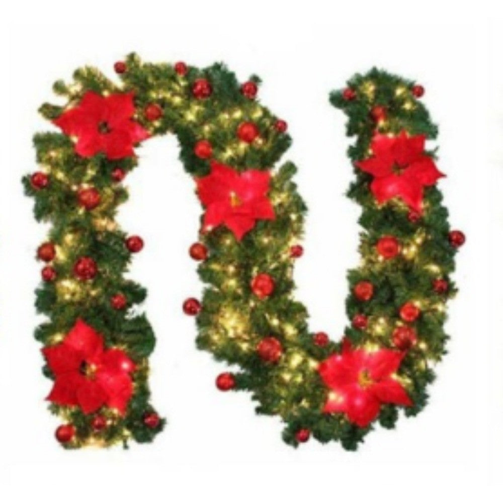 RED 9FT Xmas Christmas Garland Artificial Wreath with LED Lights
