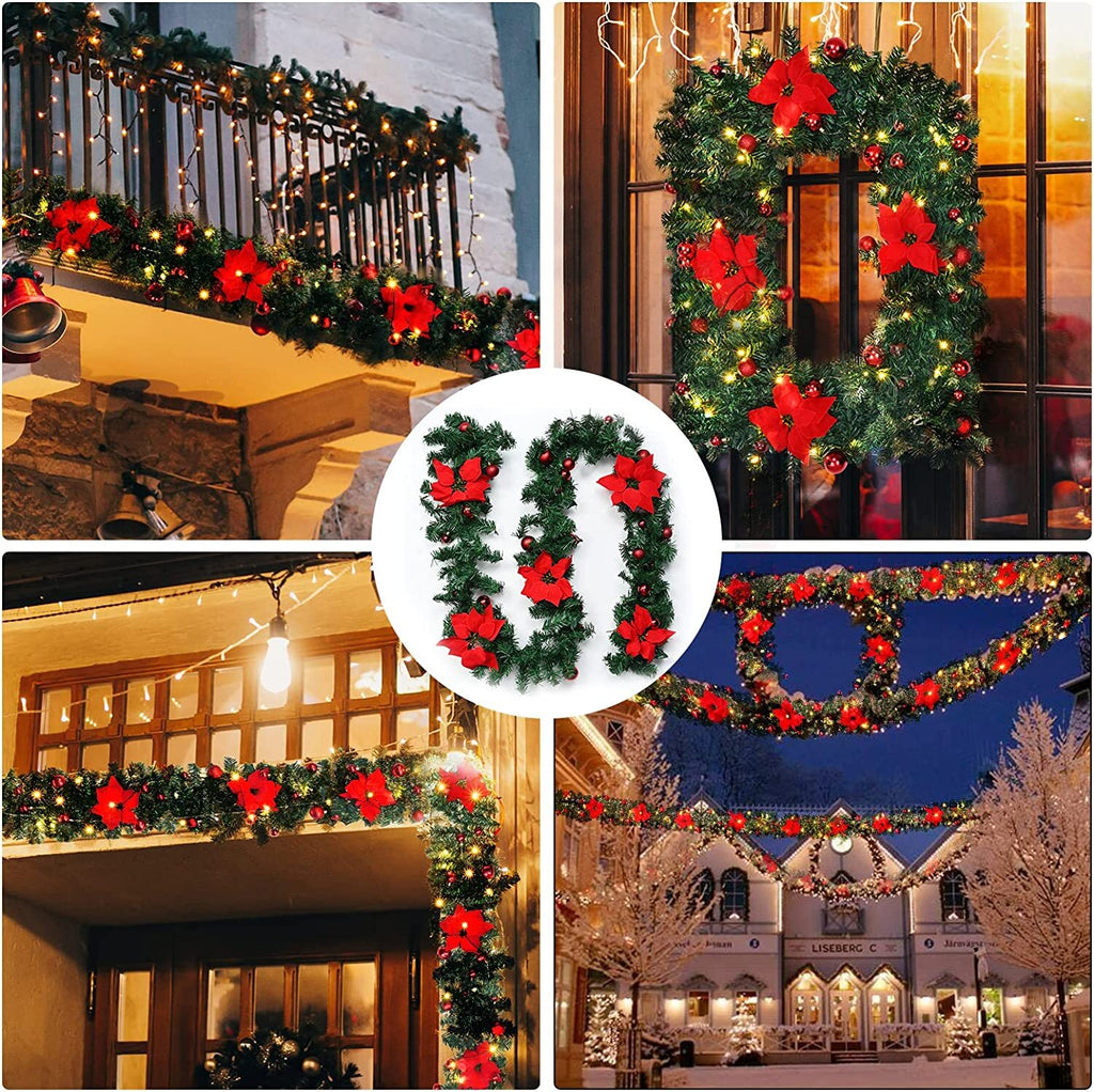 RED 9FT Xmas Christmas Garland Artificial Wreath with LED Lights