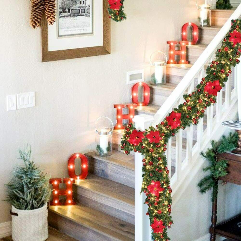 RED 9FT Xmas Christmas Garland Artificial Wreath with LED Lights
