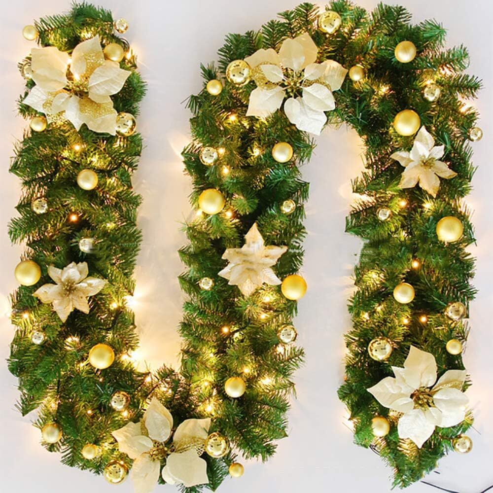Gloden 9FT Xmas Christmas Garland Artificial Wreath with LED Lights