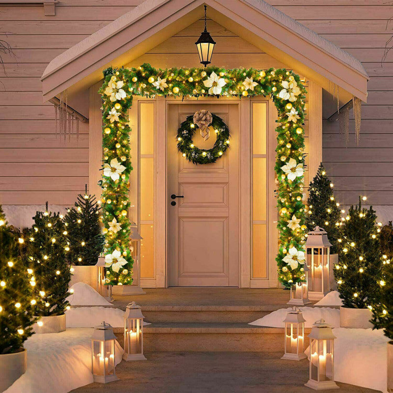 Gloden 9FT Xmas Christmas Garland Artificial Wreath with LED Lights