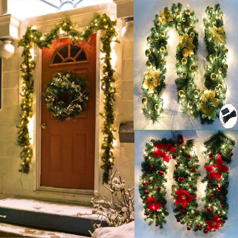 Gloden 9FT Xmas Christmas Garland Artificial Wreath with LED Lights