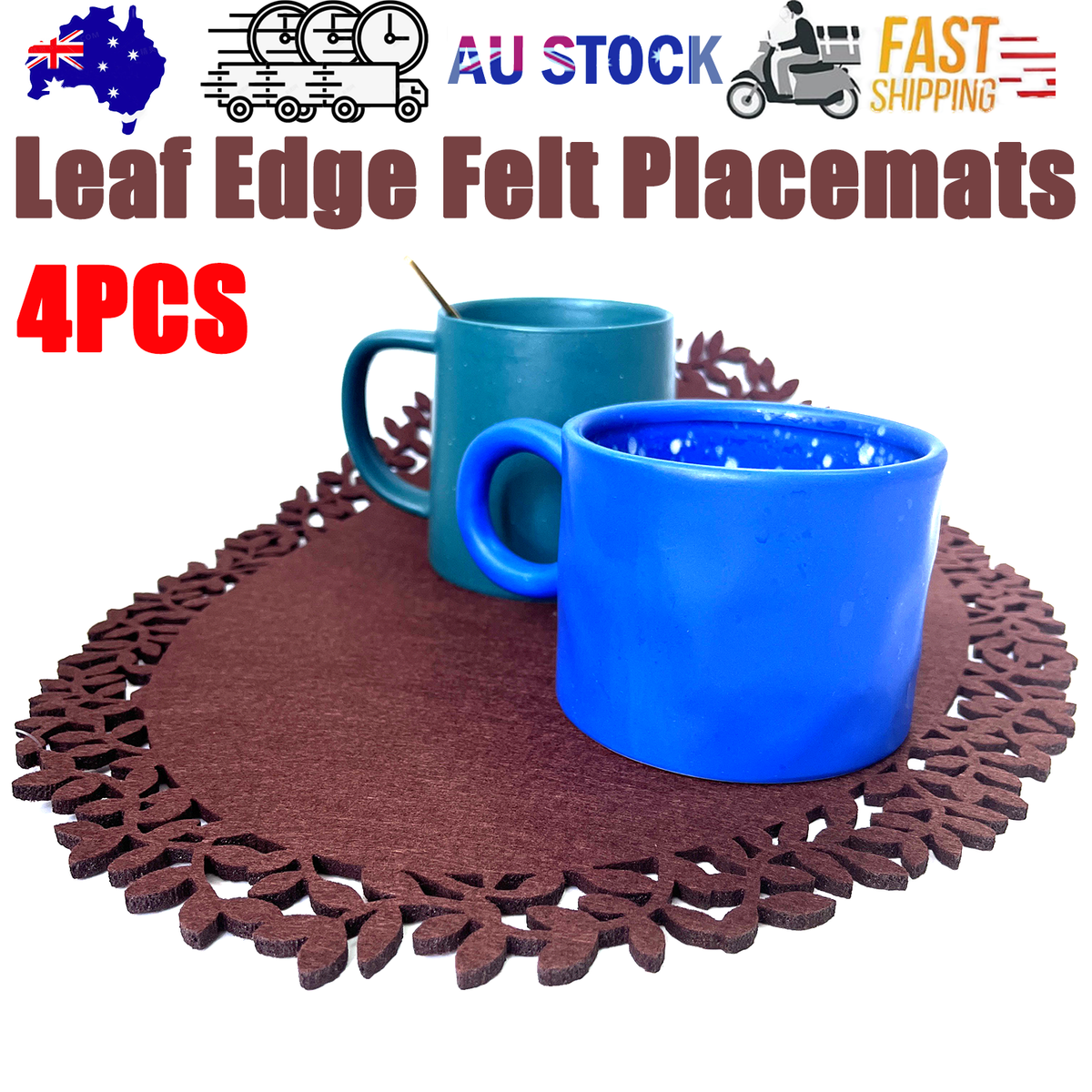 Brown Leaf Edge Felt Placemats, 45 x 32 cm, Set of 4