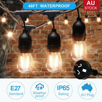 48ft Solar Festoon String Lights, 15 LED Bulbs, Waterproof