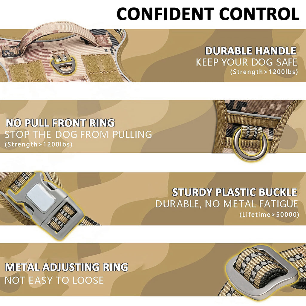 Tactical No Pull Dog Harness, Camo, Size S, with its measurements marked, photo 2 of 6