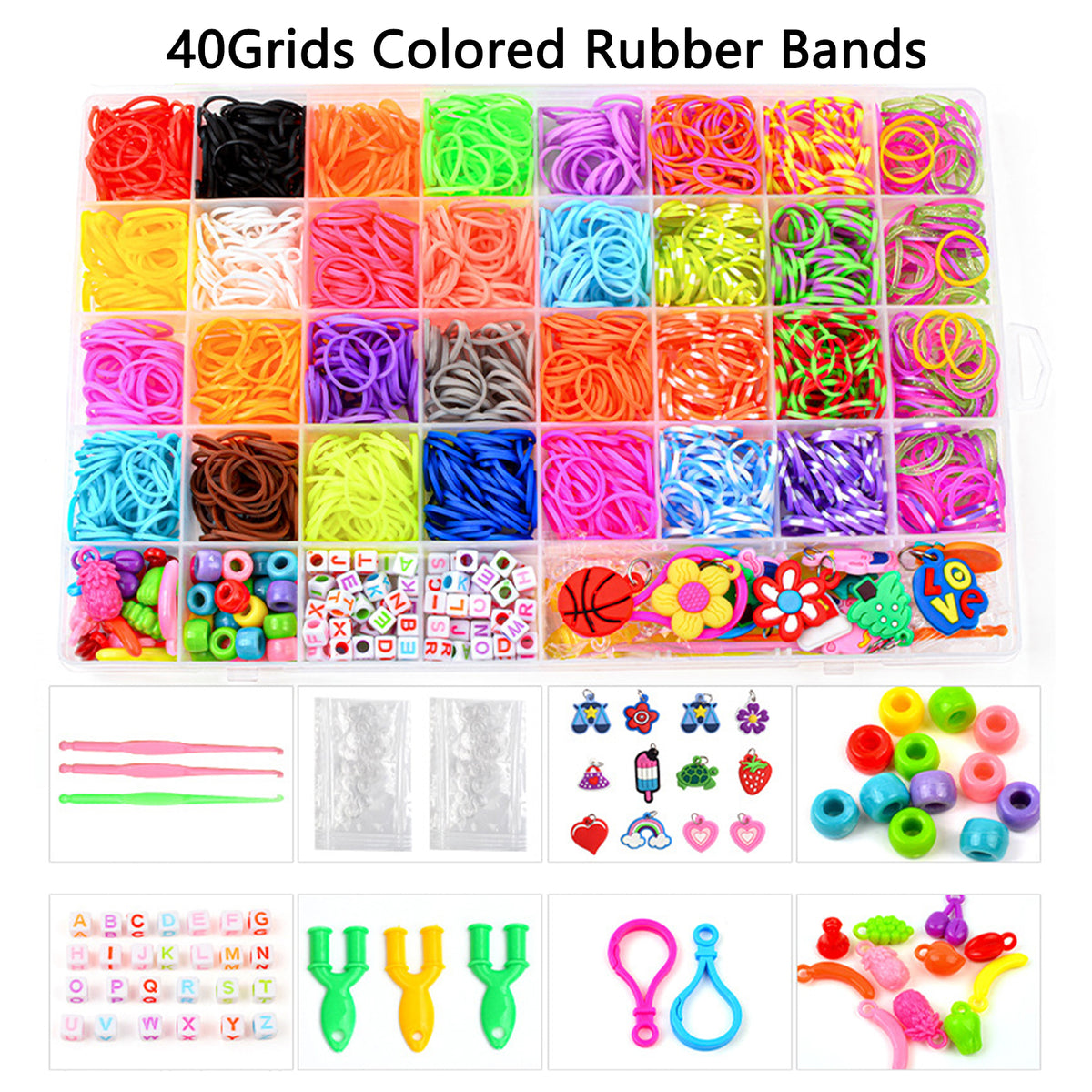 40Grids Rainbow Loom Bands Rubber Bracelet Making Kit S Clips Beads