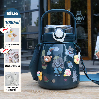 Stainless Steel Water Bottle with Straw and Stickers, Blue, 1 L