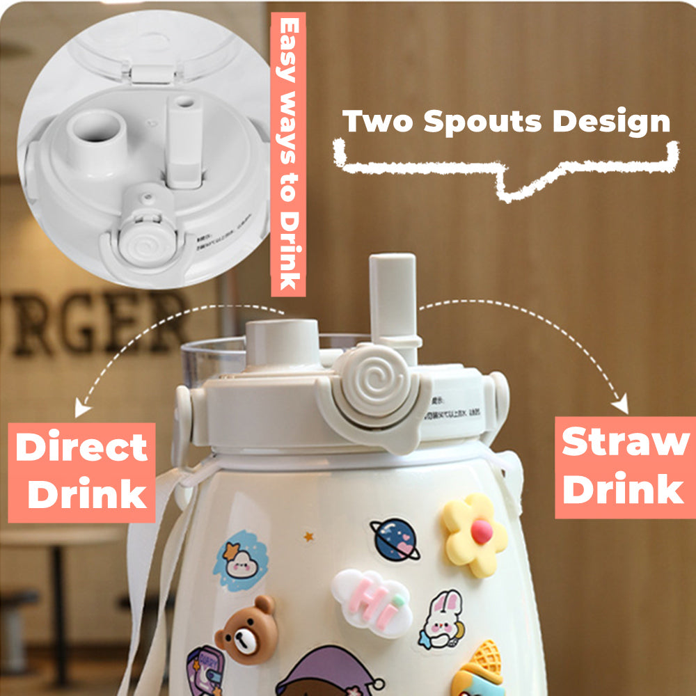 Stainless Steel Water Bottle with Straw and Stickers, Blue, 1 L