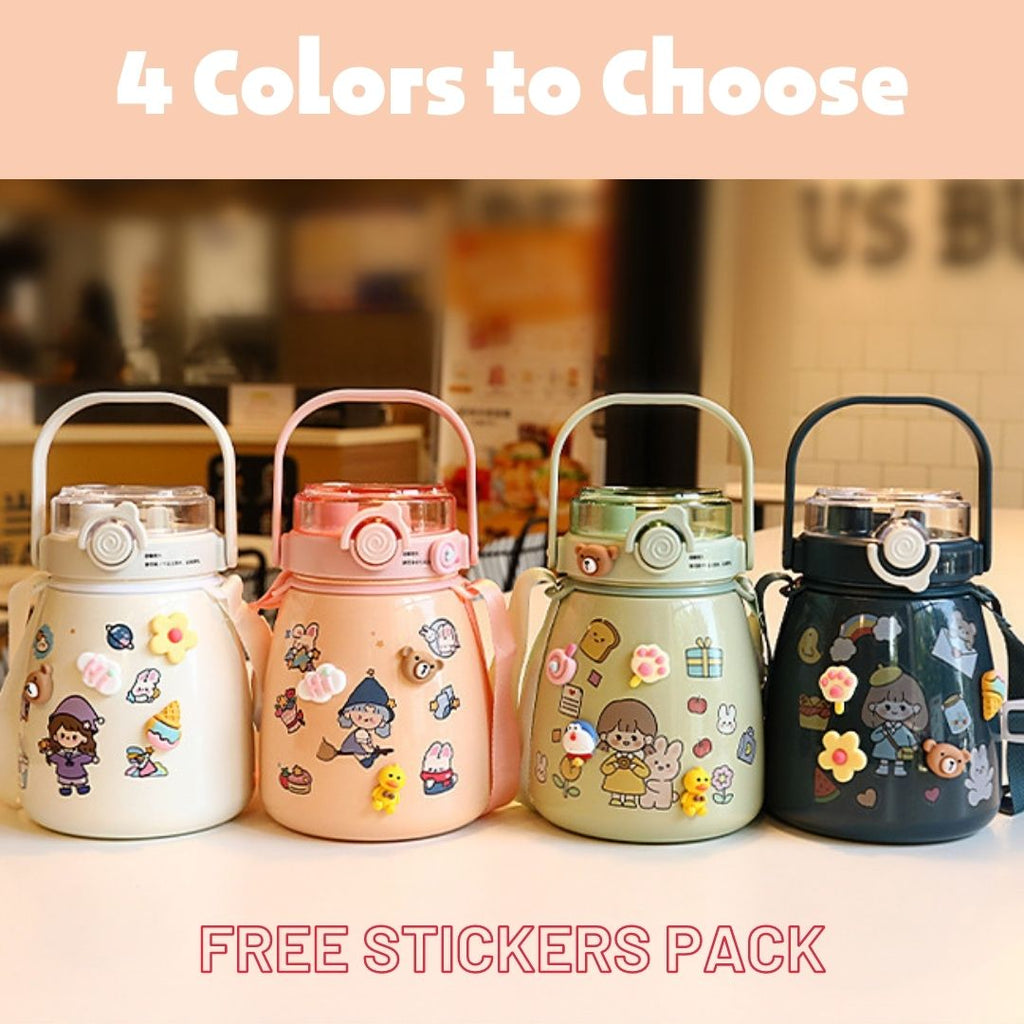Stainless Steel Water Bottle with Straw and Stickers, Pink, 1 L
