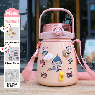 Stainless Steel Water Bottle with Straw and Stickers, Pink, 1 L