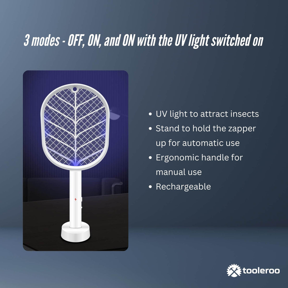 Tooleroo 2 in 1 Rechargeable Mosquito Swatter, White, photo 4 of 7