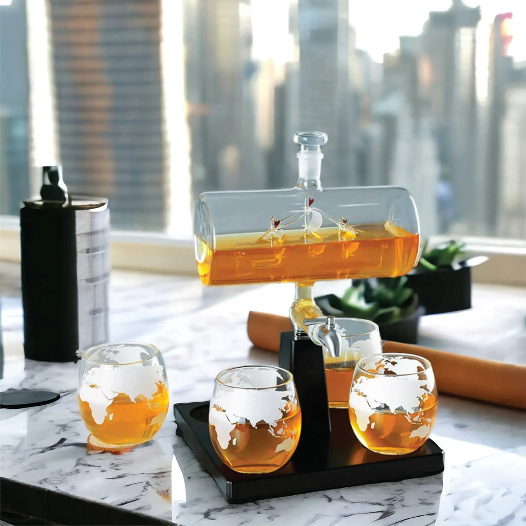 Kitchee Sailboat Glass Decanter Set with 4 Glasses and Stand, 1 L