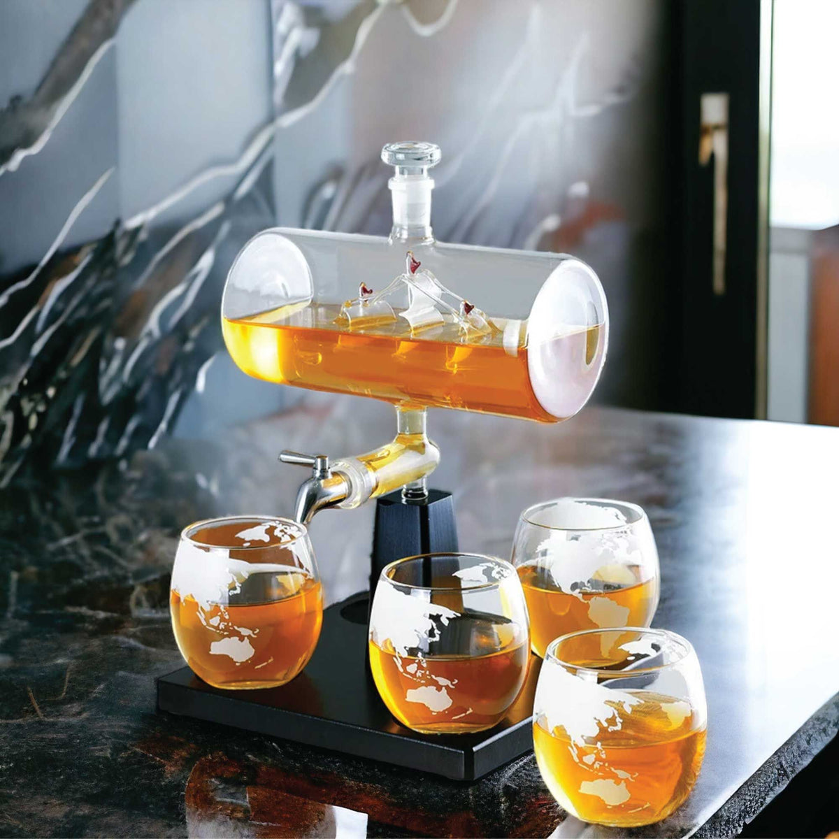 Kitchee Sailboat Glass Decanter Set with 4 Glasses and Stand, 1 L