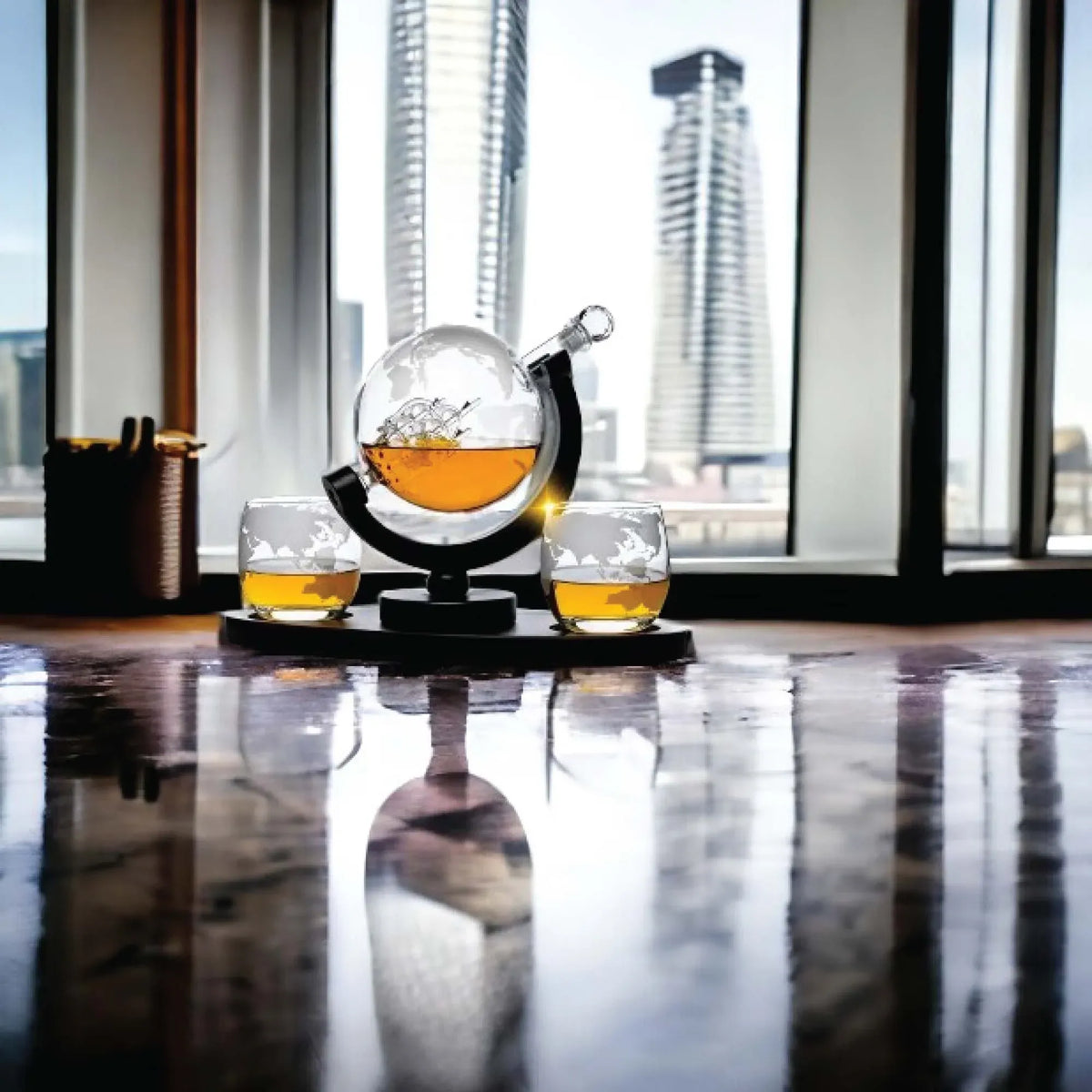 Kitchee Globe Glass Decanter Set with 2 Glasses and Stand, 850 ml