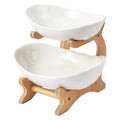 2 Tier Porcelain Fruit Bowl - Ceramic Vegetable Storage With Bamboo