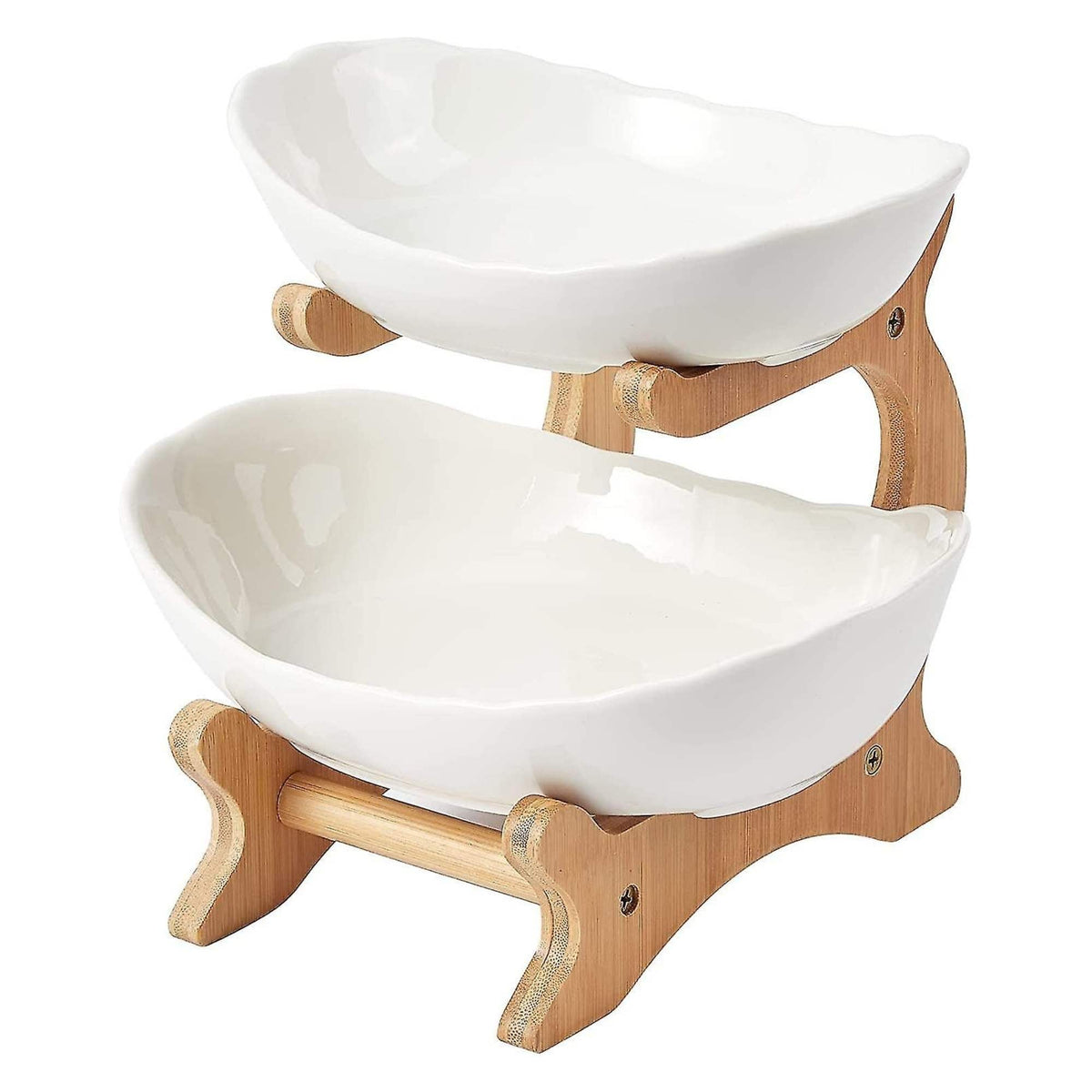 2 Tier Porcelain Fruit Bowl - Ceramic Vegetable Storage With Bamboo