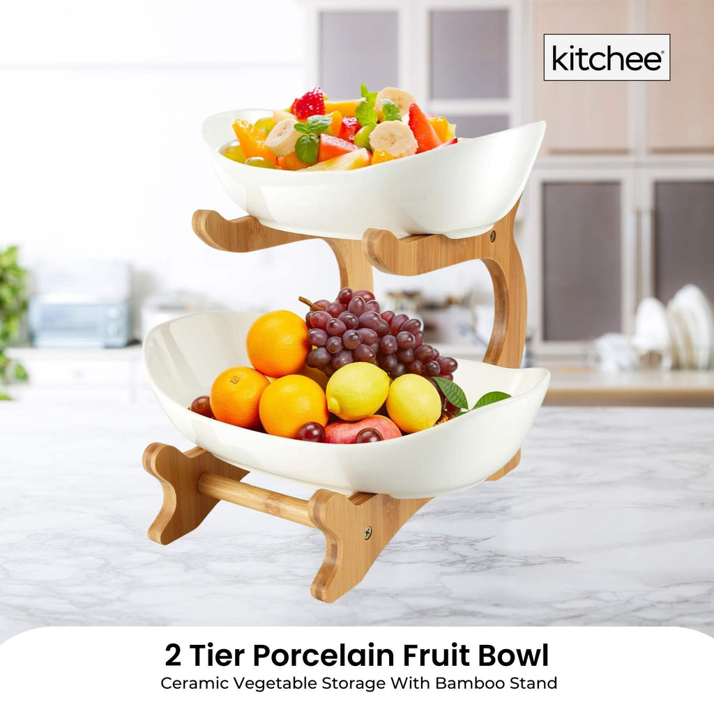 2 Tier Porcelain Fruit Bowl - Ceramic Vegetable Storage With Bamboo