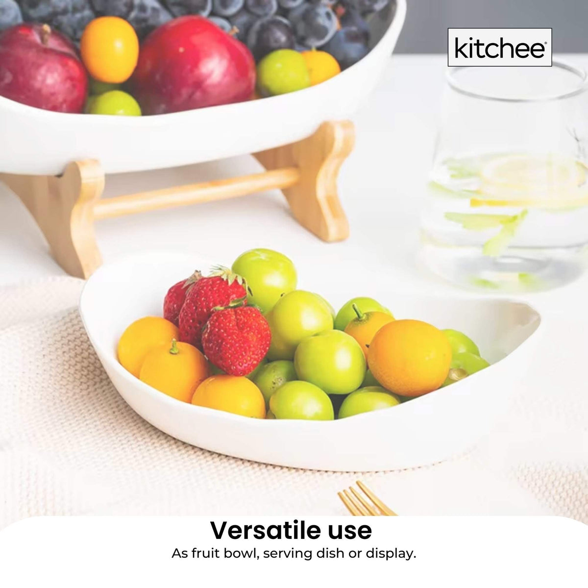 2 Tier Porcelain Fruit Bowl - Ceramic Vegetable Storage With Bamboo