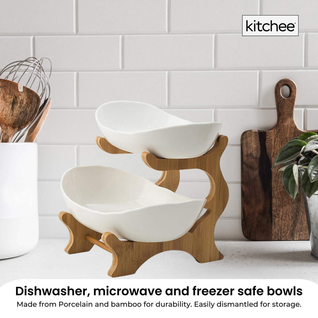 2 Tier Porcelain Fruit Bowl - Ceramic Vegetable Storage With Bamboo