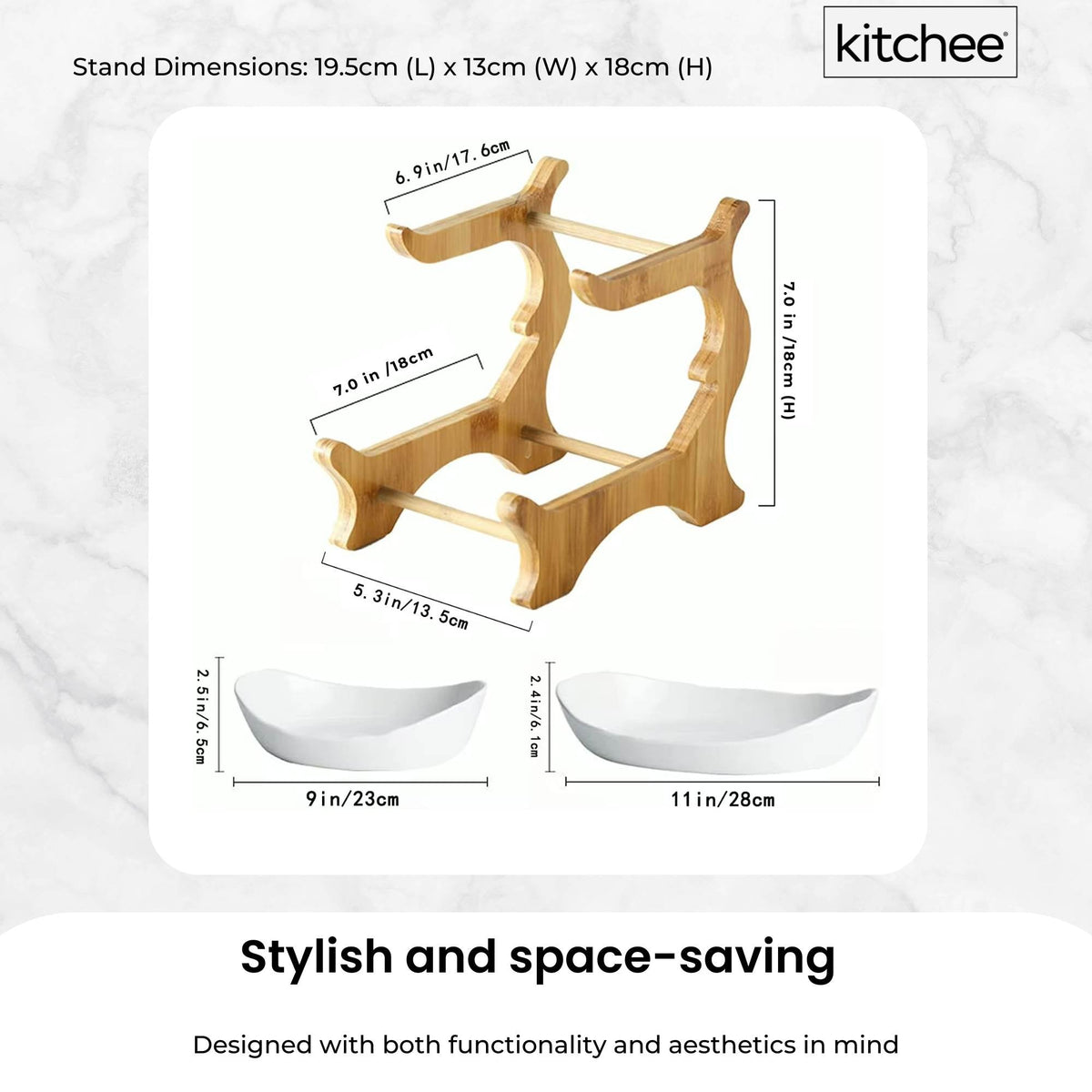 2 Tier Porcelain Fruit Bowl - Ceramic Vegetable Storage With Bamboo
