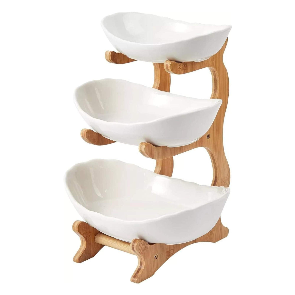 3 Tier Porcelain Fruit Bowl - Ceramic Vegetable Storage With Bamboo