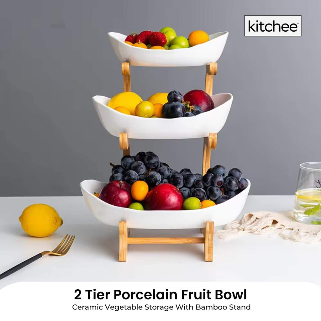 3 Tier Porcelain Fruit Bowl - Ceramic Vegetable Storage With Bamboo