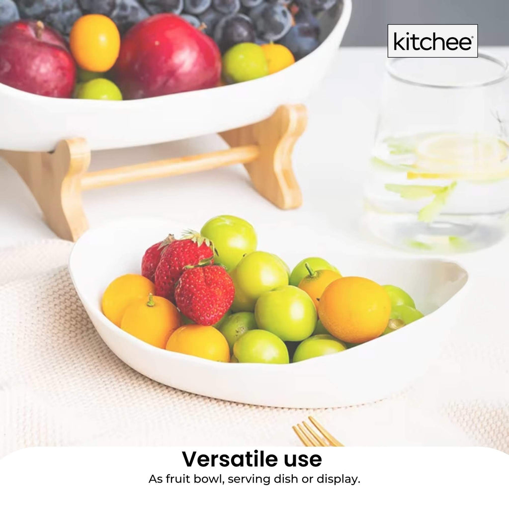 3 Tier Porcelain Fruit Bowl - Ceramic Vegetable Storage With Bamboo