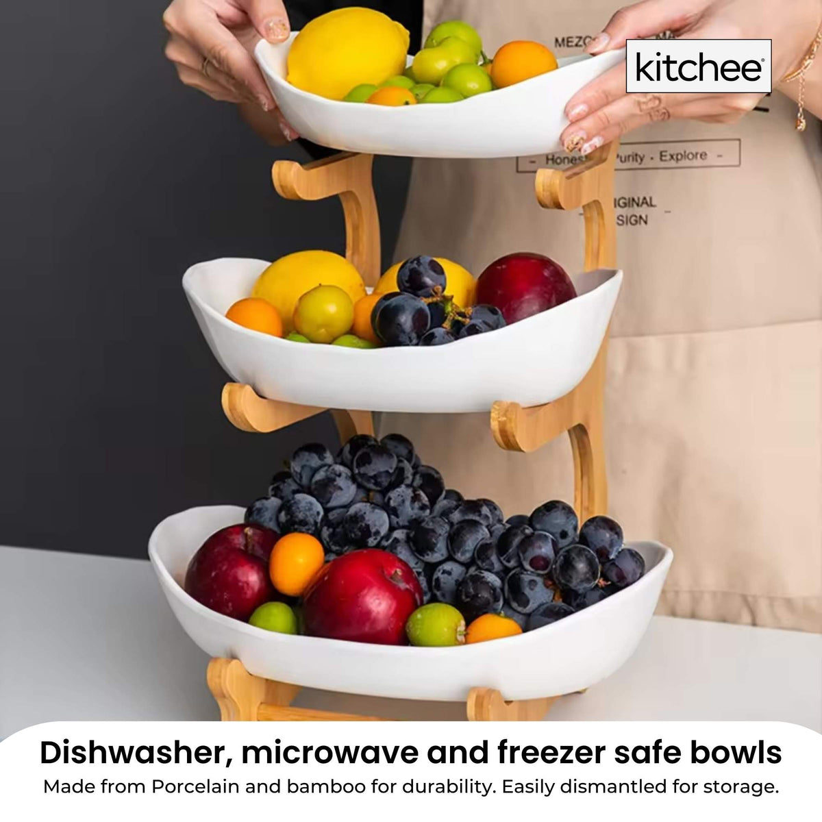 3 Tier Porcelain Fruit Bowl - Ceramic Vegetable Storage With Bamboo