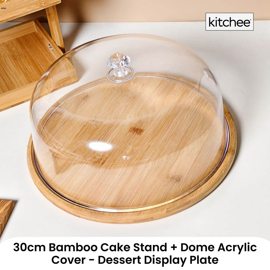 Kitchee 30cm Bamboo Cake Stand + Dome Acrylic Cover - Dessert Display
