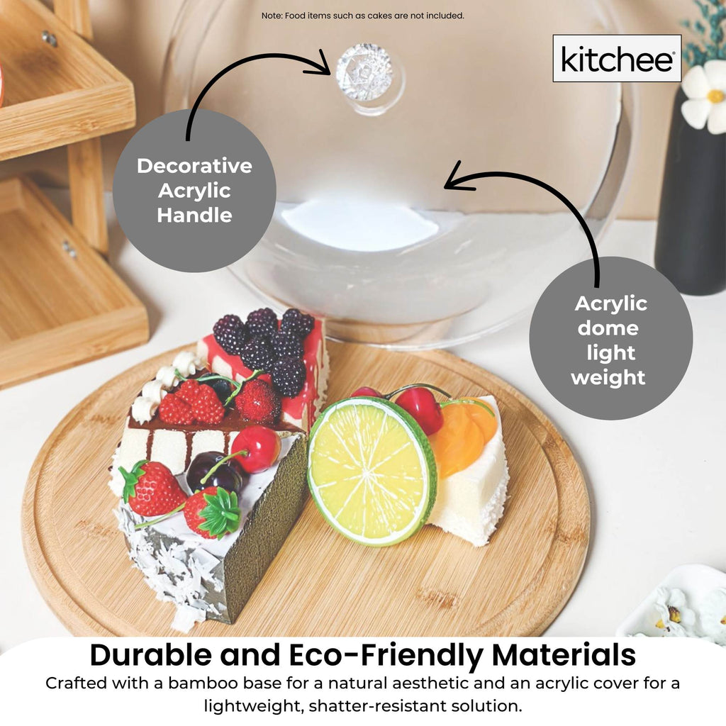 Kitchee 30cm Bamboo Cake Stand + Dome Acrylic Cover - Dessert Display