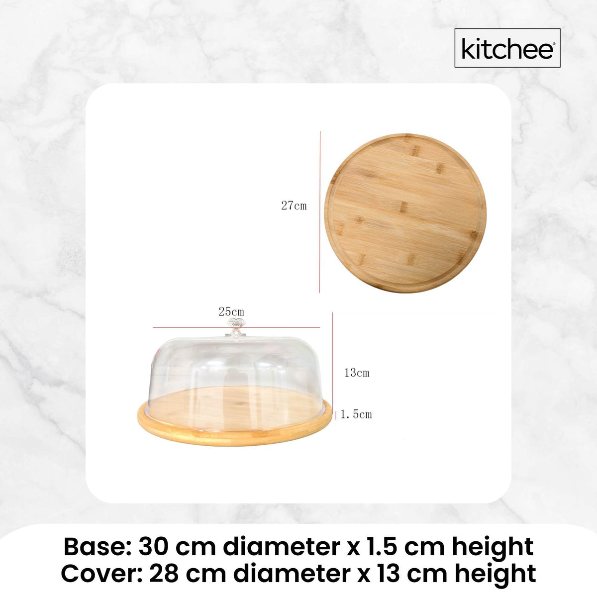 Kitchee 30cm Bamboo Cake Stand + Dome Acrylic Cover - Dessert Display