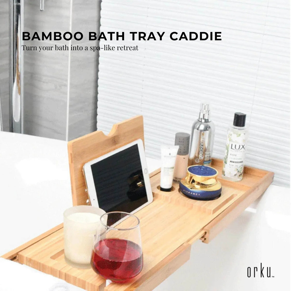Orku Extendable Bamboo Bath Caddy Tray, 75 to 95 cm