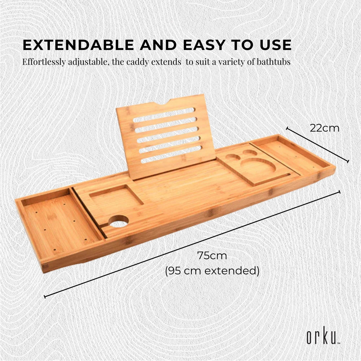 Orku Extendable Bamboo Bath Caddy Tray, 75 to 95 cm