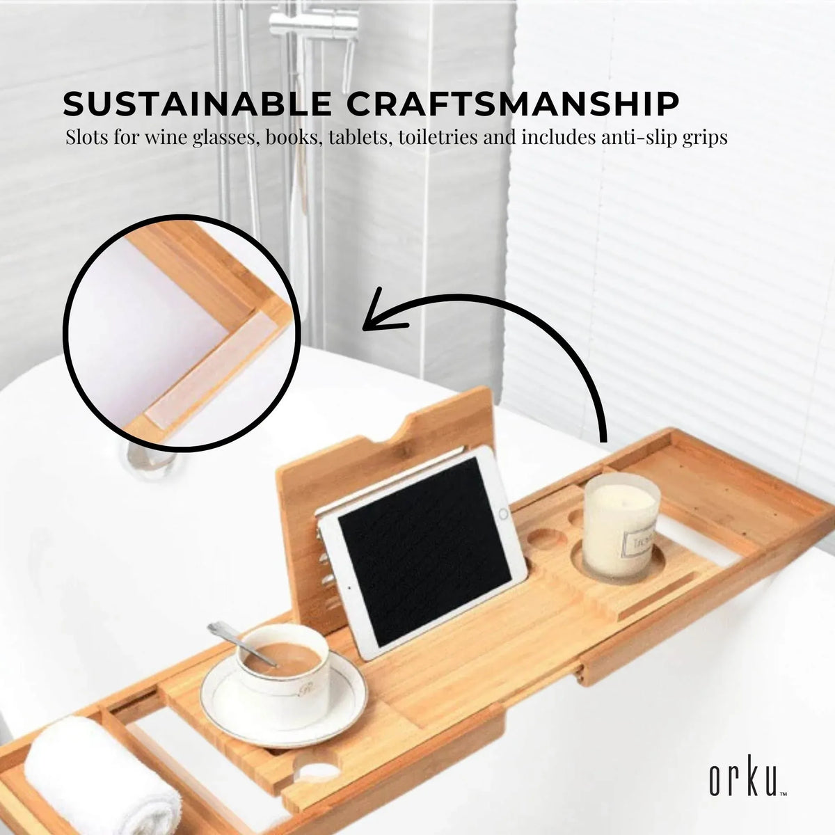 Orku Extendable Bamboo Bath Caddy Tray, 75 to 95 cm