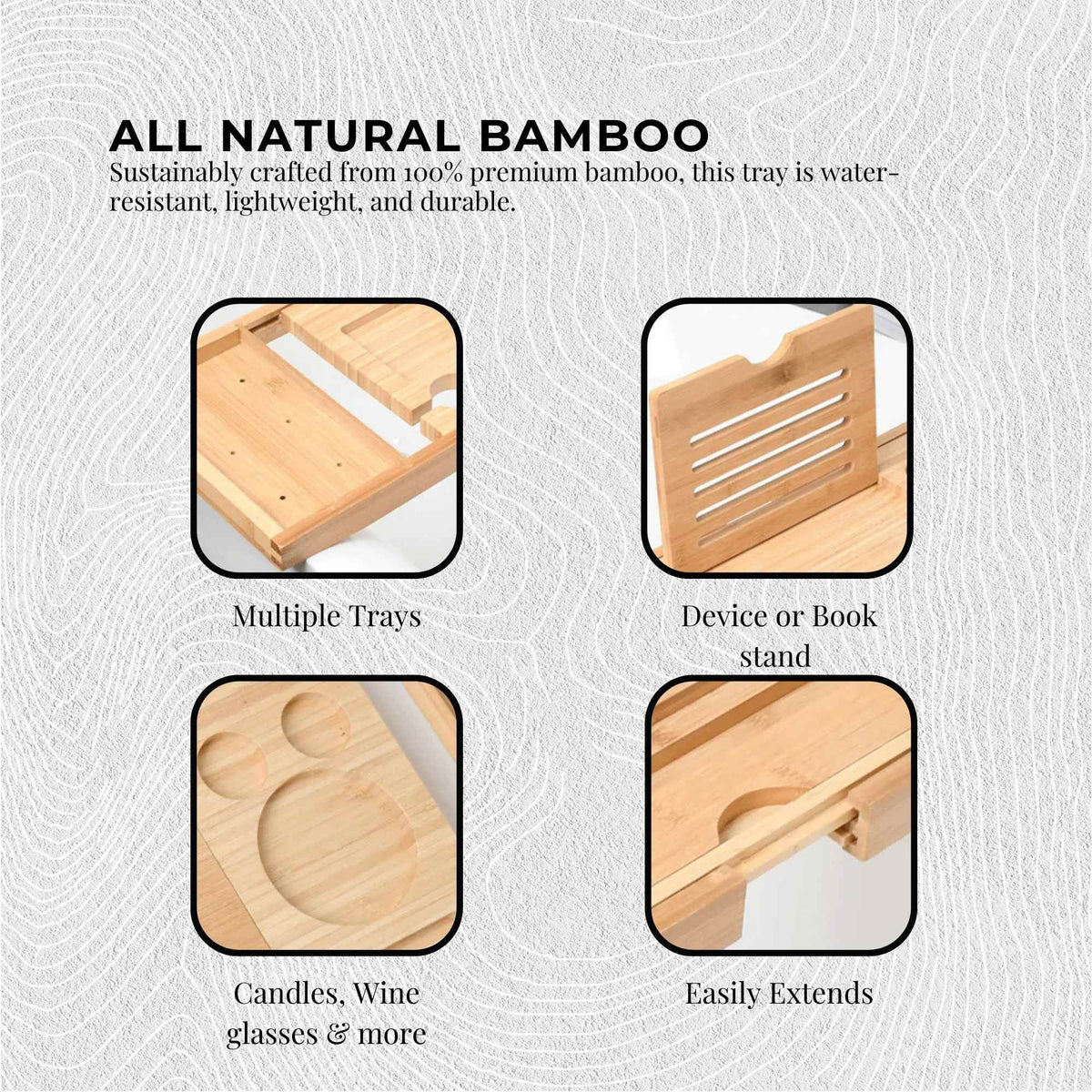 Orku Extendable Bamboo Bath Caddy Tray, 75 to 95 cm