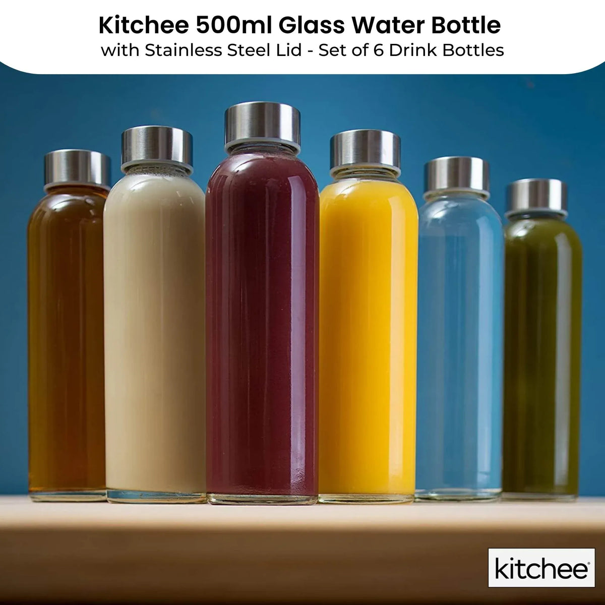 Kitchee 500ml Glass Water Drink Bottle with Stainless Steel Lid