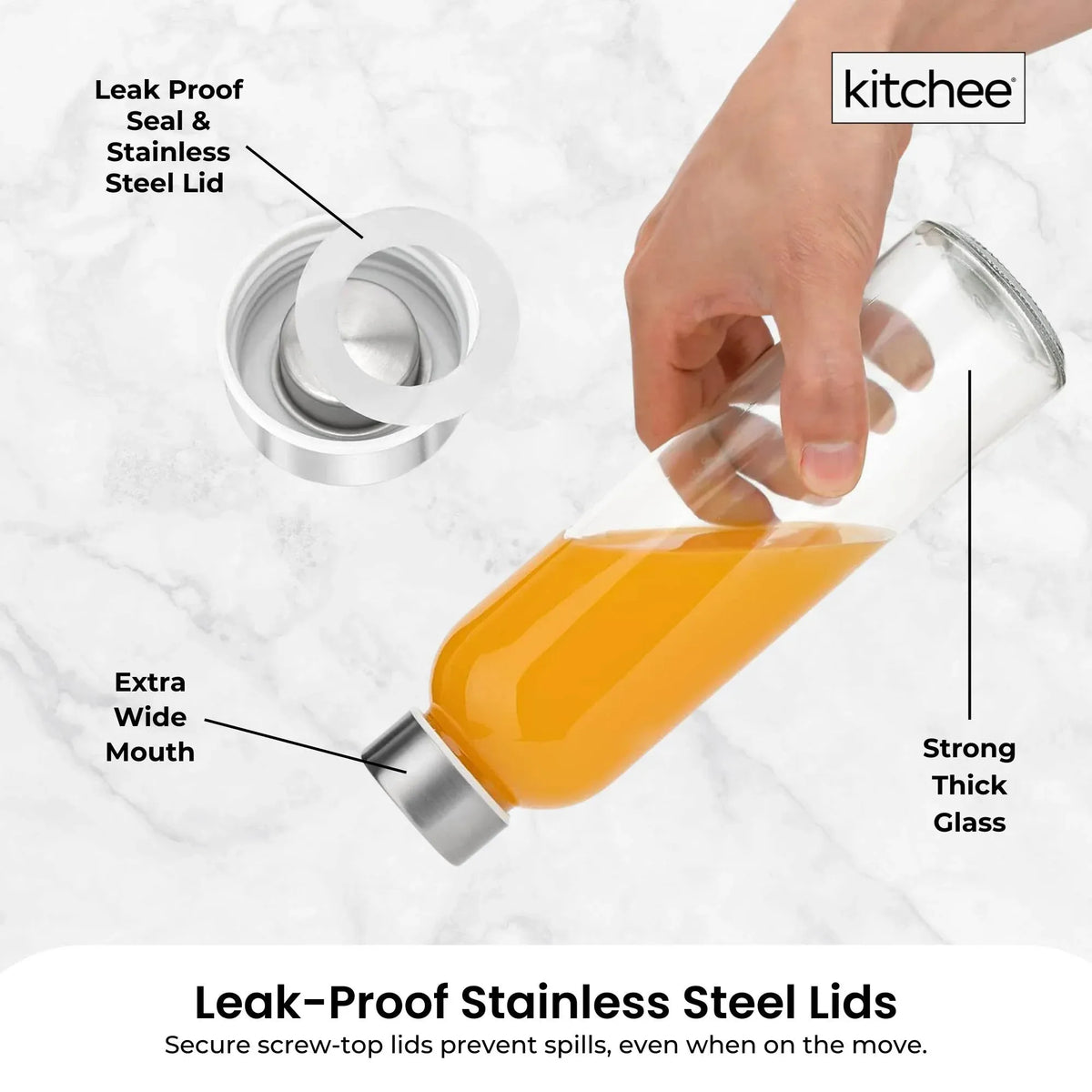 Kitchee 500ml Glass Water Drink Bottle with Stainless Steel Lid