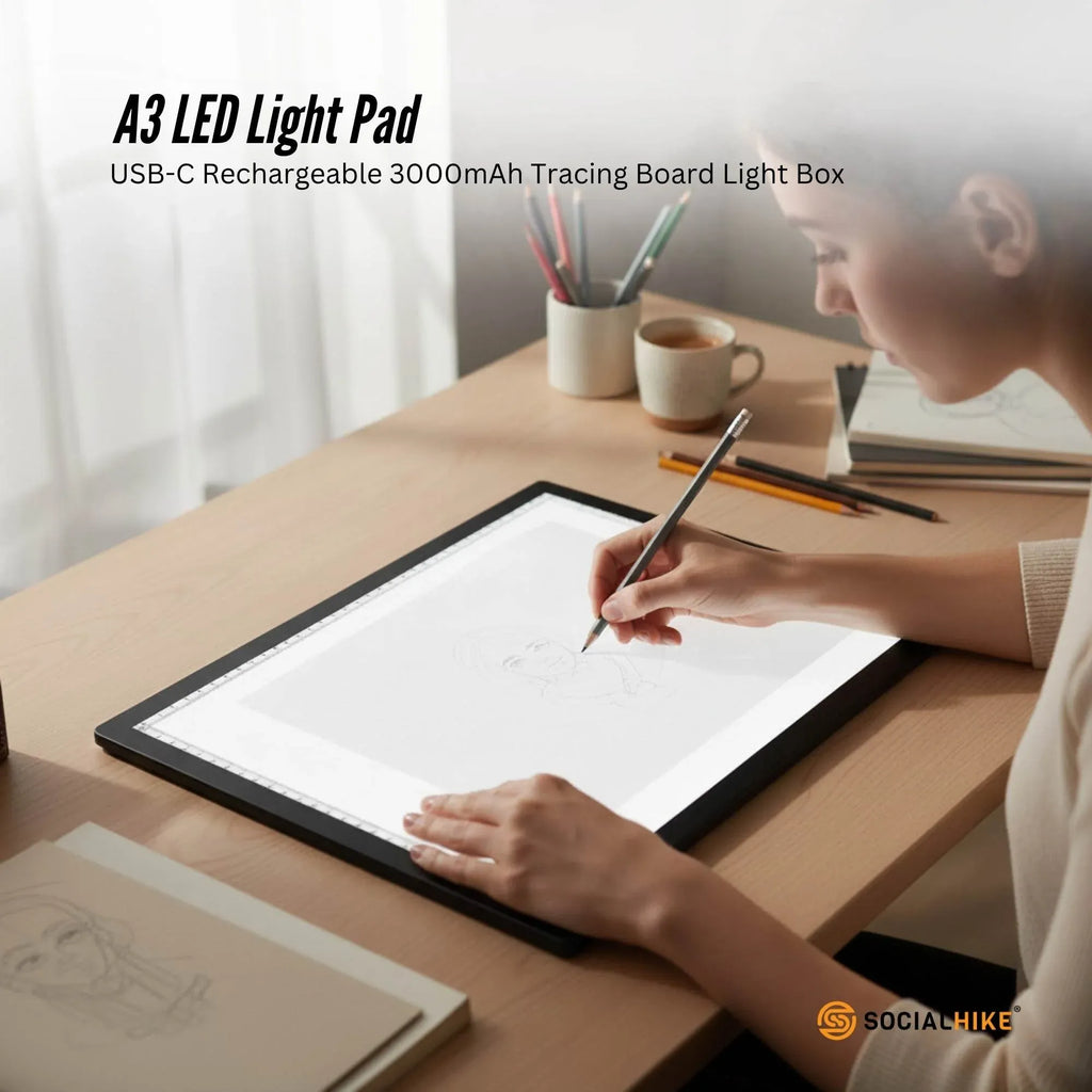 Social Hike A3 LED Light Pad Tracing Board Rechargeable USB-C 3000mAh