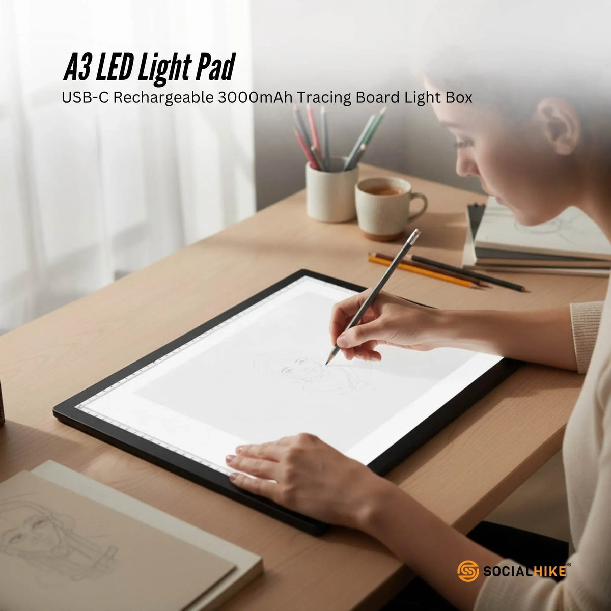 Social Hike A3 LED Light Pad Tracing Board Rechargeable USB-C 3000mAh