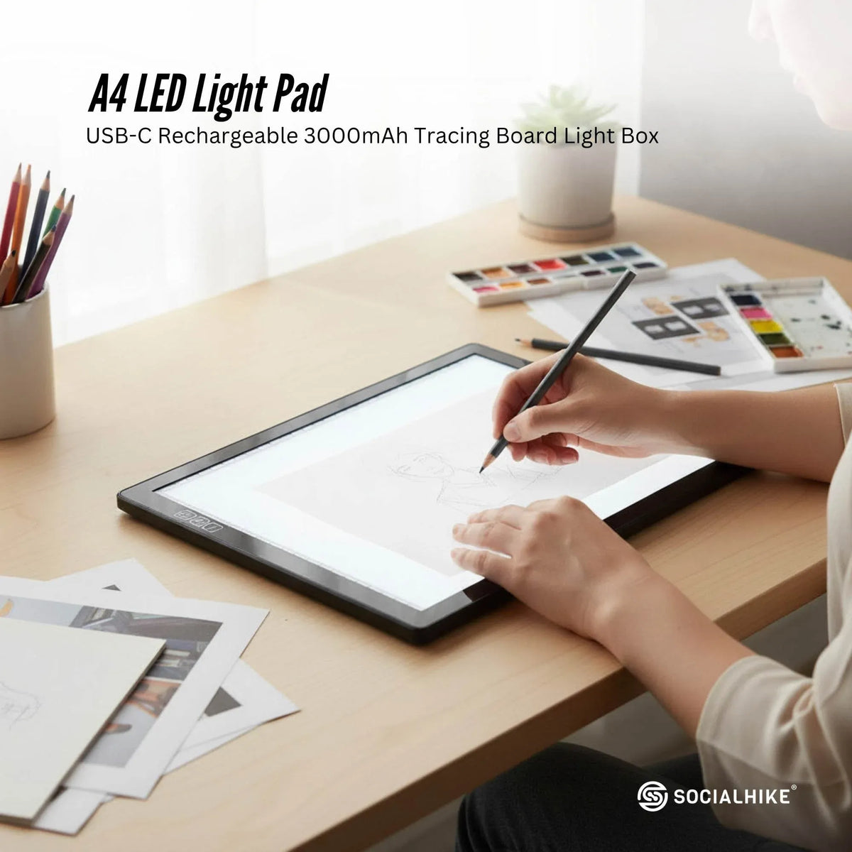 Social Hike A4 LED Light Pad Tracing Board Rechargeable USB-C 3000mAh