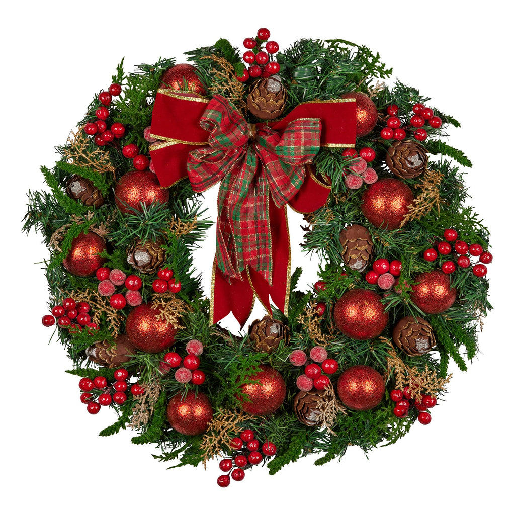 Christabelle Red Bauble and Tartan Bow Wreath, 71 cm
