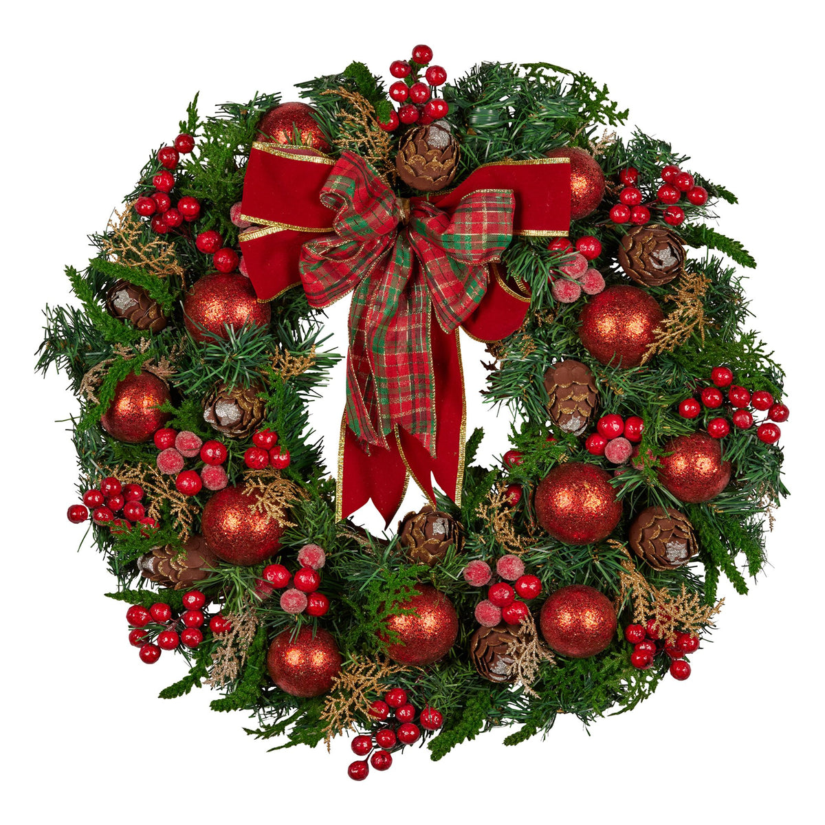 Christabelle Red Bauble and Tartan Bow Wreath, 71 cm