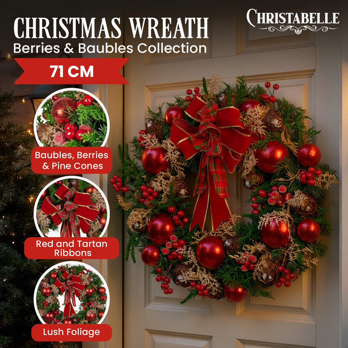 Christabelle Red Bauble and Tartan Bow Wreath, 71 cm