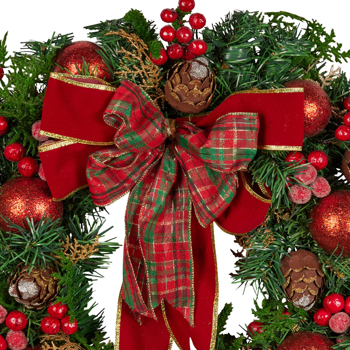 Christabelle Red Bauble and Tartan Bow Wreath, 71 cm