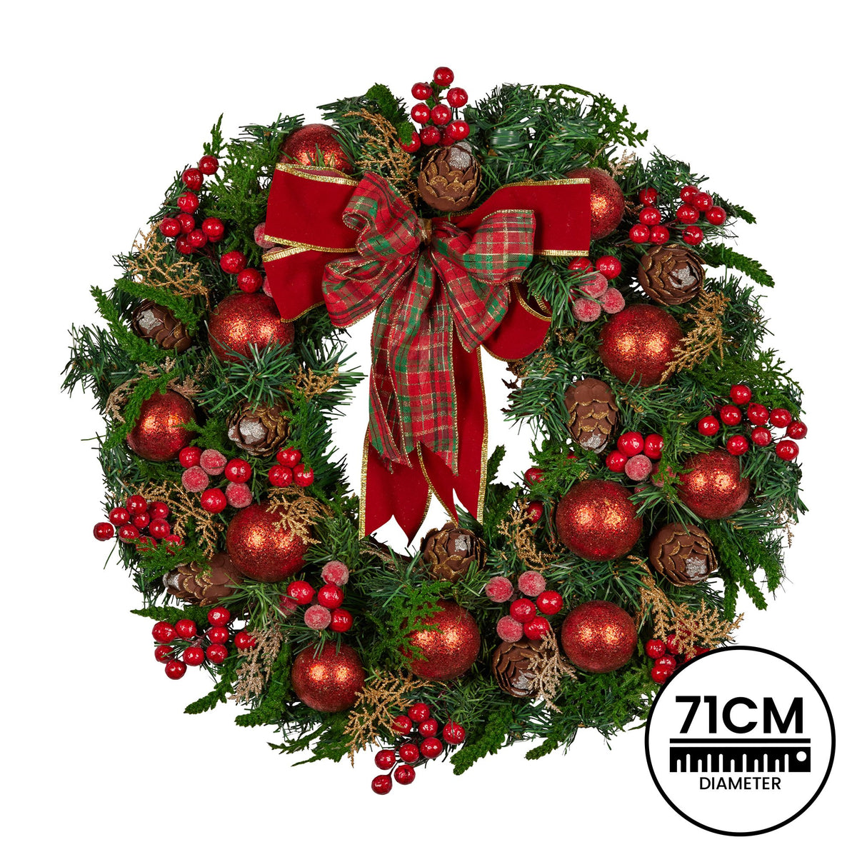 Christabelle Red Bauble and Tartan Bow Wreath, 71 cm
