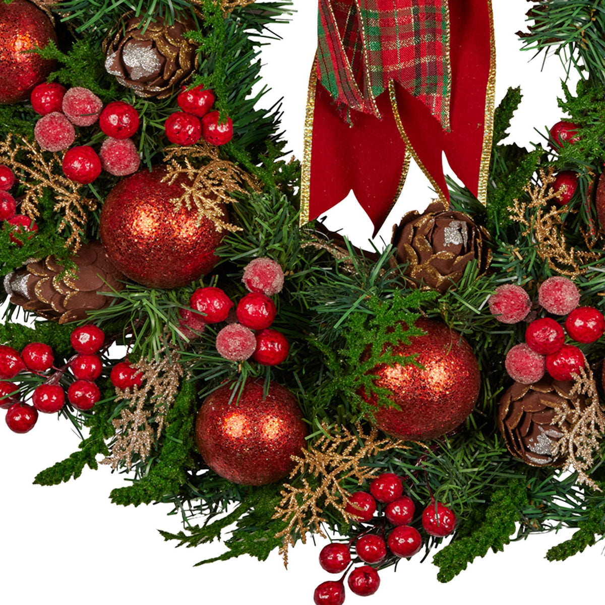 Christabelle Red Bauble and Tartan Bow Wreath, 71 cm