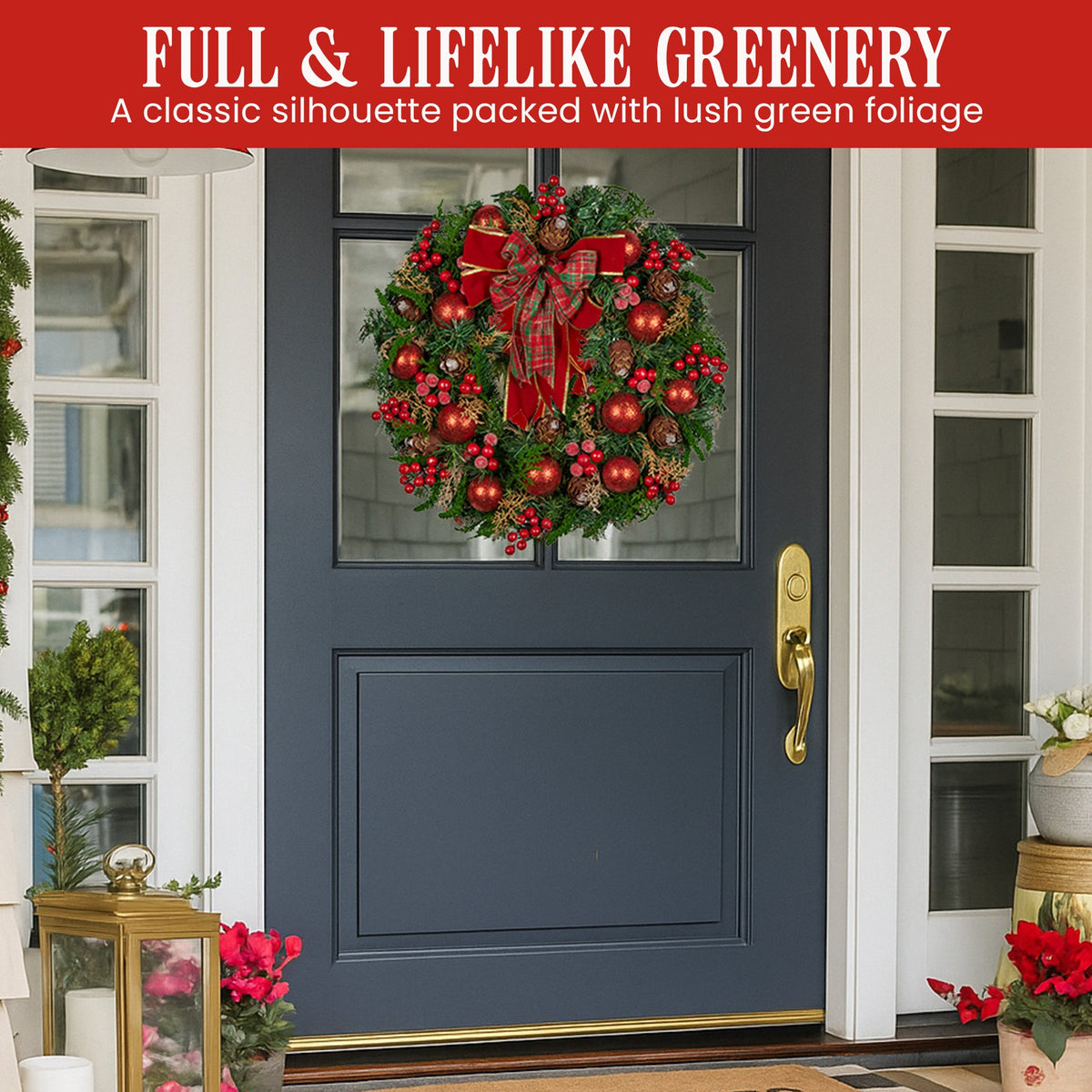 Christabelle Red Bauble and Tartan Bow Wreath, 71 cm