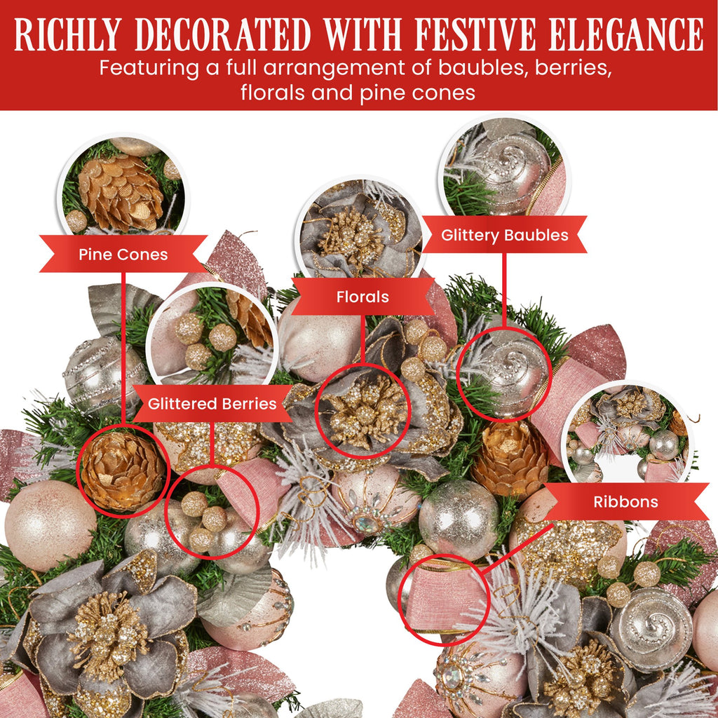 Christabelle Pink and Champagne Decorated Wreath, 71 cm